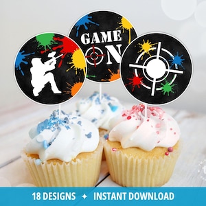 Toppers de cupcake de paintball, decorações para festa de aniversário de paintball, respingos de tinta, arquivo digital para impressão