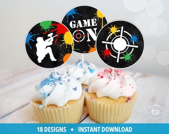 Paintball Cupcake Toppers, Paintball Birthday Party Decorations, Paint Splatter, Printable DIGITAL