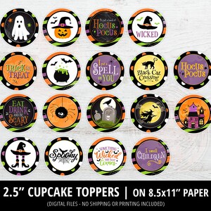 May include: Set of 16 printable 2.5 inch Halloween cupcake toppers featuring various spooky designs, including ghosts, witches, cats, and pumpkins. The toppers are printed on 8.5x11 inch paper.