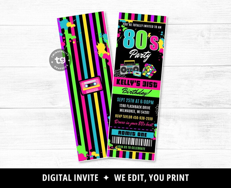 80s Ticket Invitation, 80s Birthday Invitation, 80s Birthday Party Invite, 1980's Birthday Party, 80s Party Ticket Invite, Printable DIGITAL image 2
