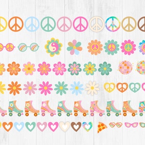 May include: A set of colourful digital clipart featuring peace signs, flowers, roller skates, hearts and sunglasses. The images are in a retro 70s style.