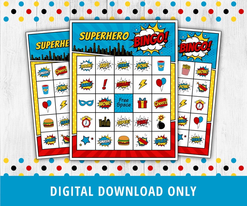 Superhero Bingo, Superhero Bingo Printable, Comic Bingo, Superhero Birthday Games, Superhero Party, Family Games, Kid Activities DIGITAL image 1