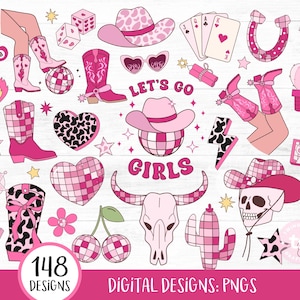 Cowgirl Clipart Disco, Western Retro Rodeo PNG Pink Cowgirl Boots, Disco Ball, Cow Skull, Southern Girl, Let&#39;s Go Girls, Country Girl PNGs