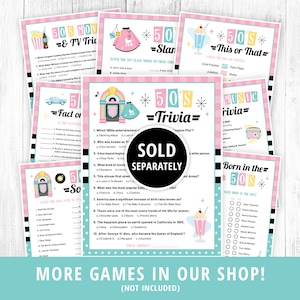 May include: A set of ten printable 1950s themed party games. The games include trivia, "this or that", "fact or fiction", "slang", "born in the 50s", and "50s music trivia". The games are pink and blue with a retro 1950s design.
