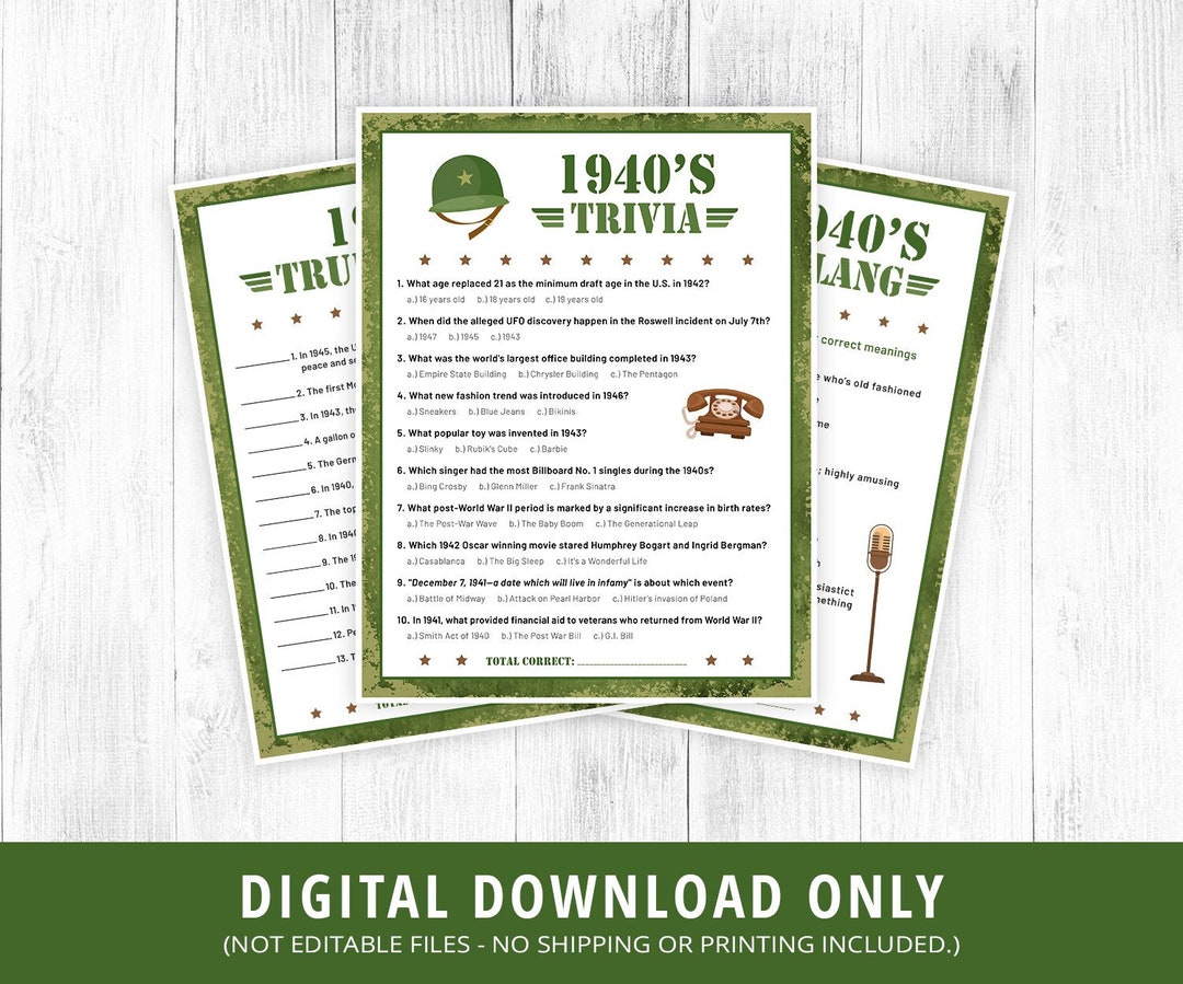 1940s Trivia Games Printable, 1940s Trivia Game, 1940s True or False ...