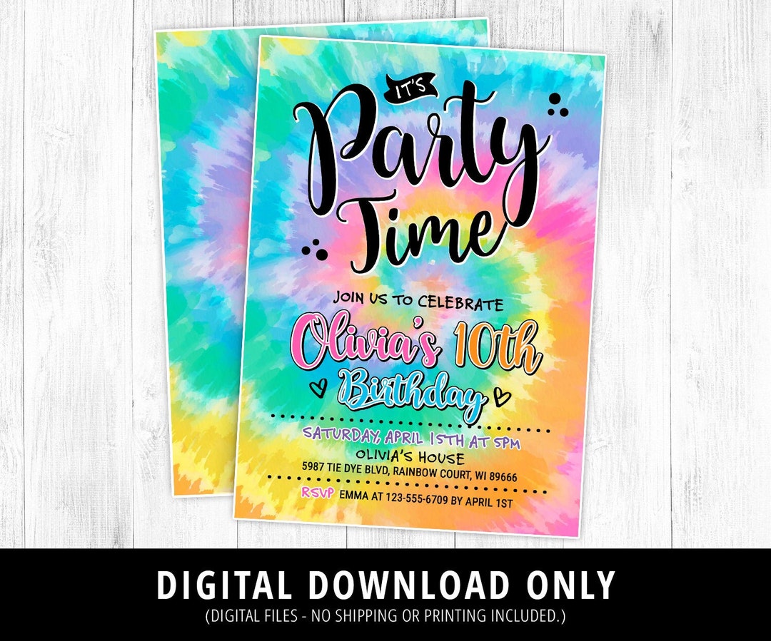 Tie Dye Birthday Invitation Tie Dye Party Invitation Rainbow Etsy