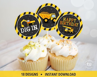Construction Cupcake Toppers, Construction Birthday Party Decor for Boy, Dump Truck, Printable DIGITAL