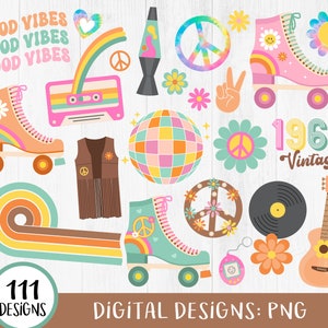 60s Clipart, 60s Groovy Clipart, Retro Clipart, 60s Hippie Clipart, 1960s clipart, Sixties, Vintage Elements, Boho, Flower Power,  PNG