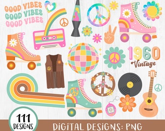 60s Clipart, 60s Groovy Clipart, Retro Clipart, 60s Hippie Clipart, 1960s clipart, Sixties, Vintage Elements, Boho, Flower Power,  PNG