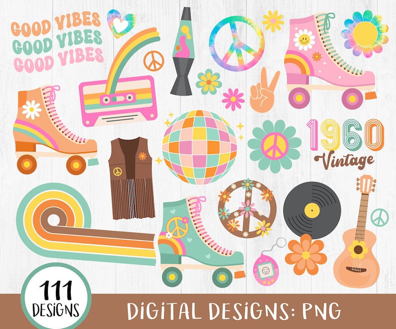 May include: A set of 111 digital designs featuring retro 1960s themed illustrations. The designs include peace signs, roller skates, a lava lamp, a disco ball, a guitar, a record, a cassette tape, a vest, and flowers. The text "1960 Vintage" is also included in the design set.