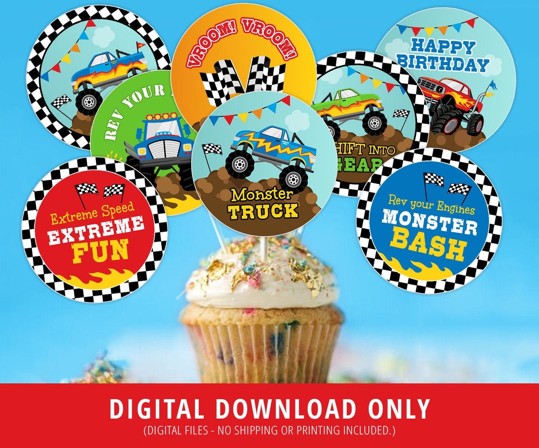 Monster Truck Cupcake Toppers, Monster Truck Birthday Decor, Truck