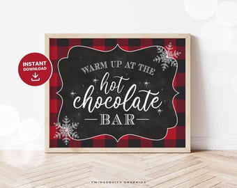 Hot Chocolate Bar Sign, Hot Chocolate Party, Buffalo Plaid Hot Chocolate Bar Sign, Lumberjack Printable Sign, Chalkboard, DIGITAL