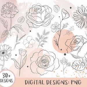 Floral Line Art Clipart, Handgezeichnete Blumen, Botanische Doodles, Blumen Clipart Aquarell, Blume, Feminin, Skizze, Rose, Sonnenblume, PNG