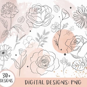 Floral Line Art Clipart, Flower Doodle, Botanical line art, Flower Clipart Watercolor, Flower, Feminine, Pink, Drawing, Rose, Sunflower, PNG