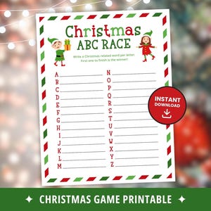 May include: A festive Christmas ABC Race printable game with a red and green border. The game features the text "Christmas ABC RACE" and instructions. Includes elf illustrations and an "Instant Download" button. A fun Christmas activity.