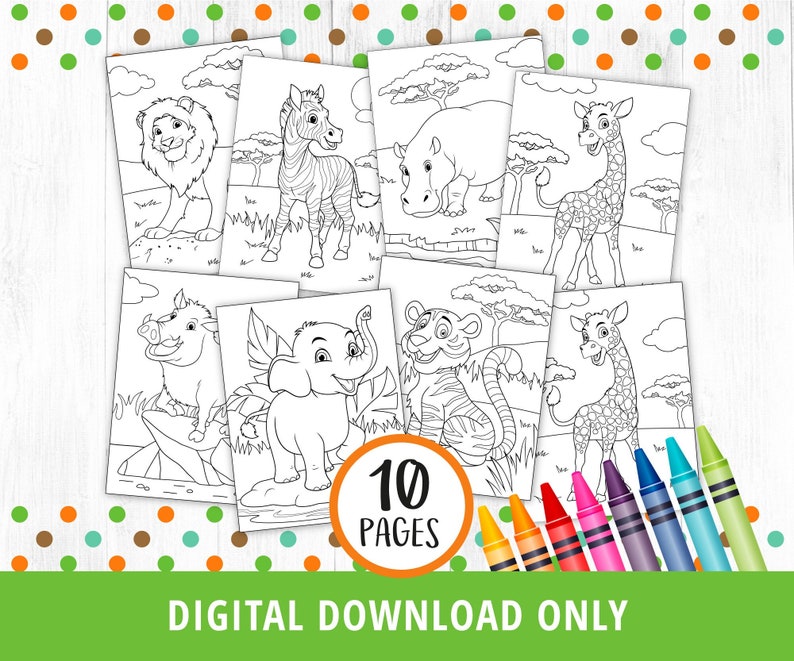 May include: A set of 10 printable coloring pages featuring various African animals, including a lion, zebra, hippopotamus, warthog, elephant, tiger, and giraffe. The pages are black and white and ready to be colored.