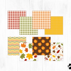 May include: Set of 8 digital paper patterns in autumn colors. The patterns include gingham, polka dots, chevron, and fall leaves.