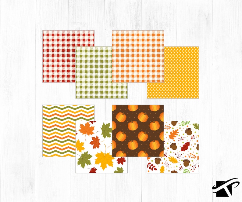 May include: Set of 8 digital paper patterns in autumn colors. The patterns include gingham, polka dots, chevron, and fall leaves.