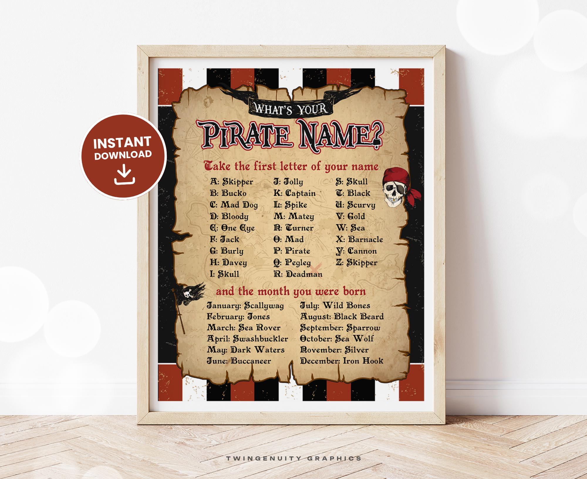 What's Your Pirate Name Sign, Pirate Name Sign, Pirate Birthday Decor, Pirate Name Game, Pirate Party, Pirate Game, 8x10, Printable DIGITAL