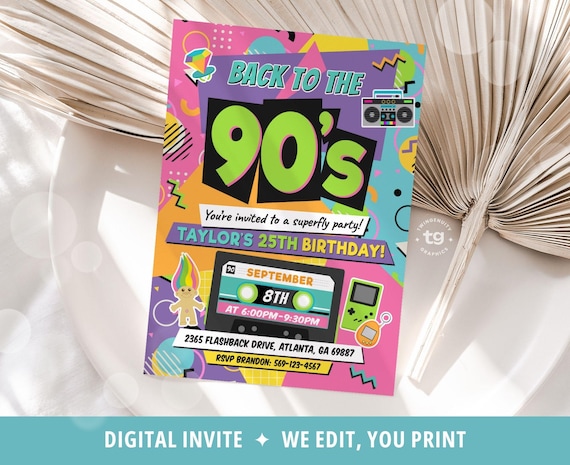 90s Birthday Invitation, 90s Party Invite, 90s Birthday Party, Back to the 90s Theme Invite, Retro 1990s Invitation, Memphis, DIGITAL