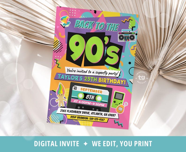 A digital 90s birthday invitation with "Back to the 90s" in a retro style design.