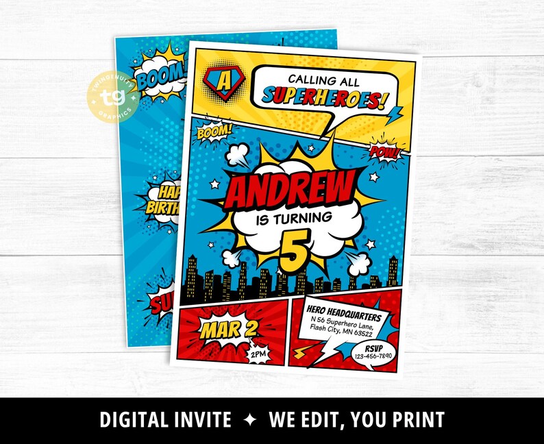 May include: Superhero-themed birthday party invitations. The design features comic book style elements with the text "CALLING ALL SUPERHEROES!" and "ANDREW IS TURNING 5". The invitation includes the date, time, and RSVP information.