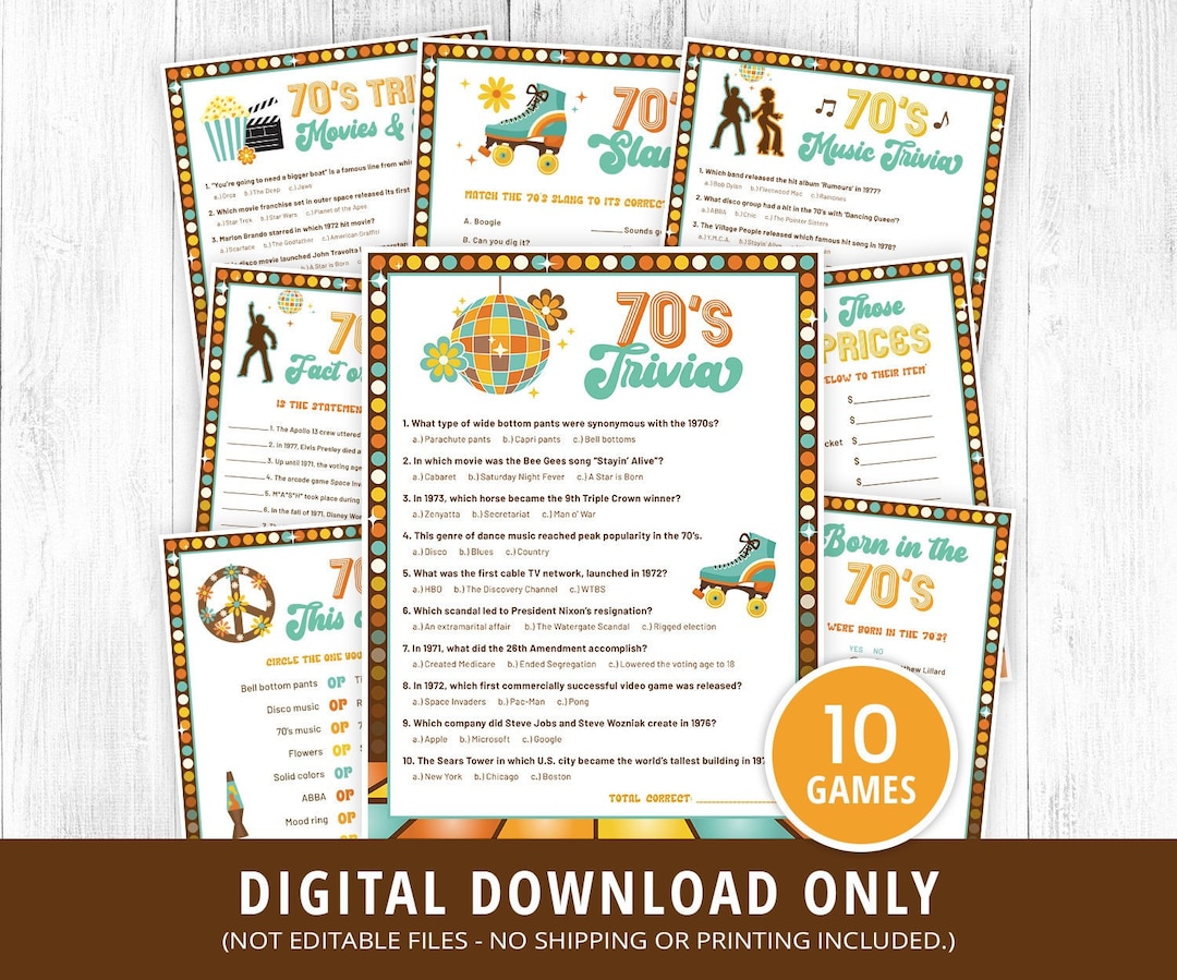 70s Games Bundle Printable, 70s Activities, 70s Party Games, 70s Trivia