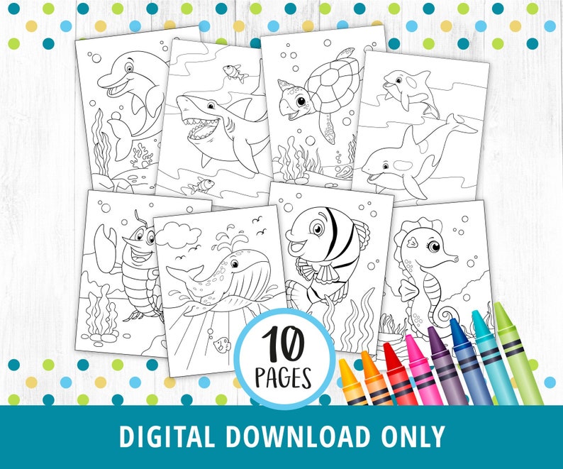 Puede incluir: Un conjunto de 10 p&aacute;ginas para colorear en blanco y negro con varias criaturas marinas, incluyendo un delf&iacute;n, un tibur&oacute;n, una tortuga, una ballena, un cangrejo, un pez y un caballito de mar. Las p&aacute;ginas est&aacute;n listas para imprimir y colorear.