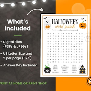Showing what's included digital files in both PDF and JPEG formats, US letter size paper and 2 per page final size five by seven inches, answer key included and easy to print at home or a print shop.