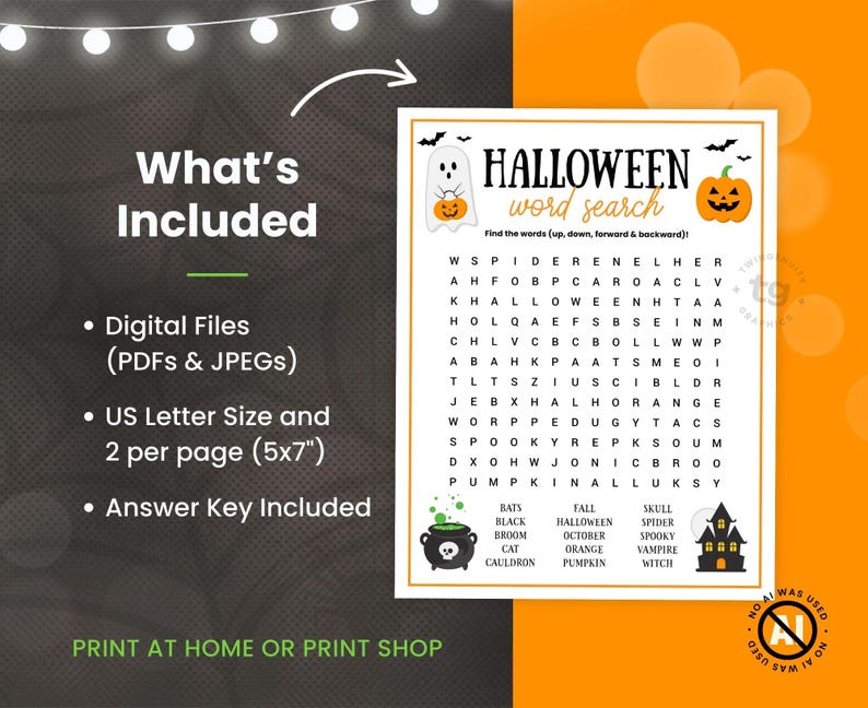 Showing what's included digital files in both PDF and JPEG formats, US letter size paper and 2 per page final size five by seven inches, answer key included and easy to print at home or a print shop.