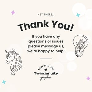 Thank you message from the shop that reads "Hey there, Thank you! If you have any questions or issues please message us, we’re happy to help!"