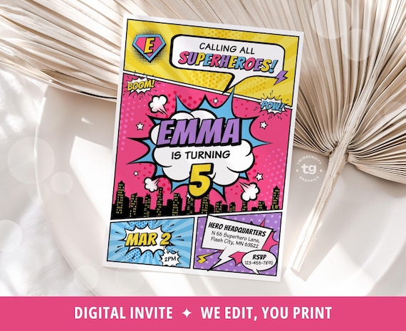 Girl Superhero Invitation, Girl Superhero Comic Birthday Invite, Girl Superhero Birthday Invitation, Superhero Party, Comic Girl, DIGITAL