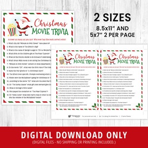Op de afbeelding: Printbaar kerstfilm-trivia-spel met een rode en groene rand. Het spel toont een cartoon-kerstman die een emmer popcorn vasthoudt. De tekst op het spel zegt "Christmas Movie Trivia". Het spel is verkrijgbaar in twee formaten: 8,5 x 11 inch en 5 x 7 inch.