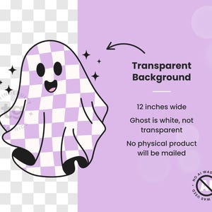 The purple checkered ghost is against a gray checkered  background and purple background to show the clipart has a transparent background. The text reads "transparent background, 12 inches wide, no physical product will be mailed". There is also a "no AI used" badge in the bottom right corner.