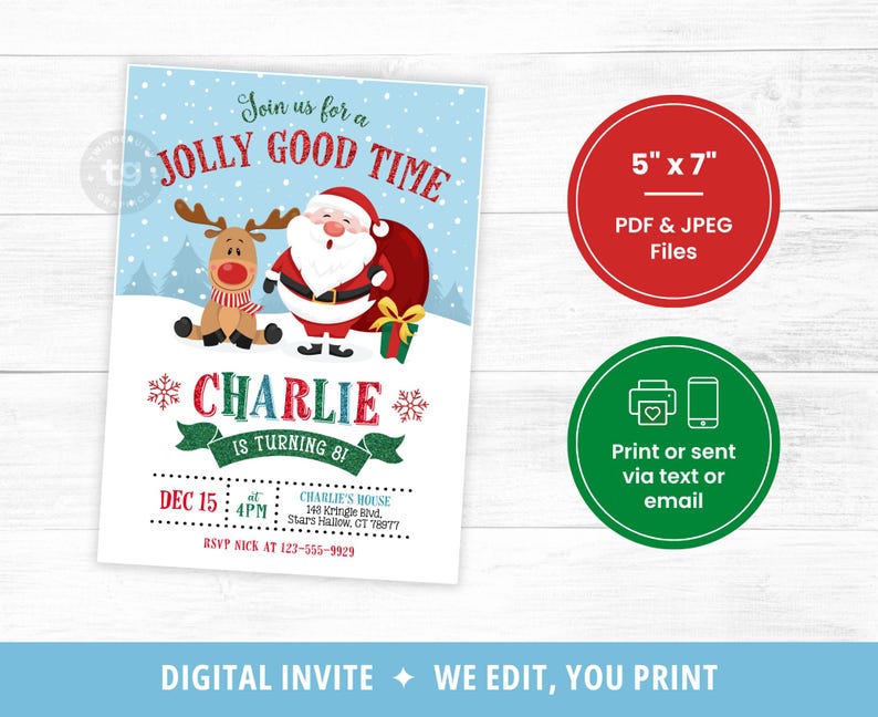 Christmas Birthday Invitation, Christmas Santa Birthday Party Invitation, Winter Birthday, Reindeer, Jolly Good Time, Invite Kids, DIGITAL image 4