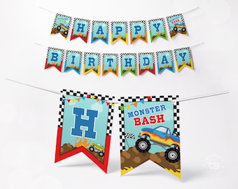 May include: A decorative party banner set featuring a monster truck theme with checkered borders. The pennants display the text HAPPY BIRTHDAY and MONSTER BASH in blue and red letters against a light blue sky, dirt, and truck graphic background.