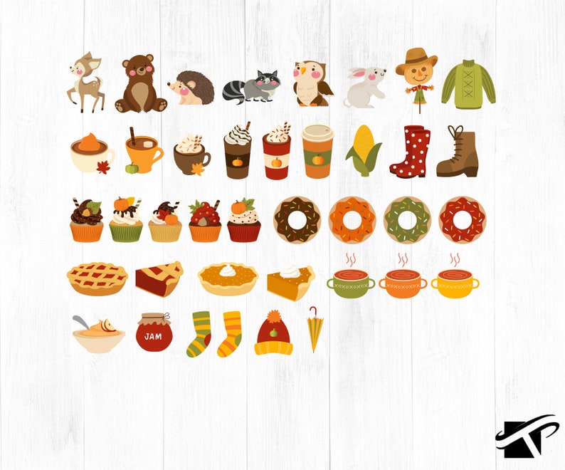 May include: A collection of autumn-themed clipart images, including animals, food, and drinks. There are images of a deer, bear, hedgehog, raccoon, owl, rabbit, scarecrow, sweater, corn, boots, cupcakes, donuts, pies, soup bowls, jam jar, socks, a hat, and an umbrella.