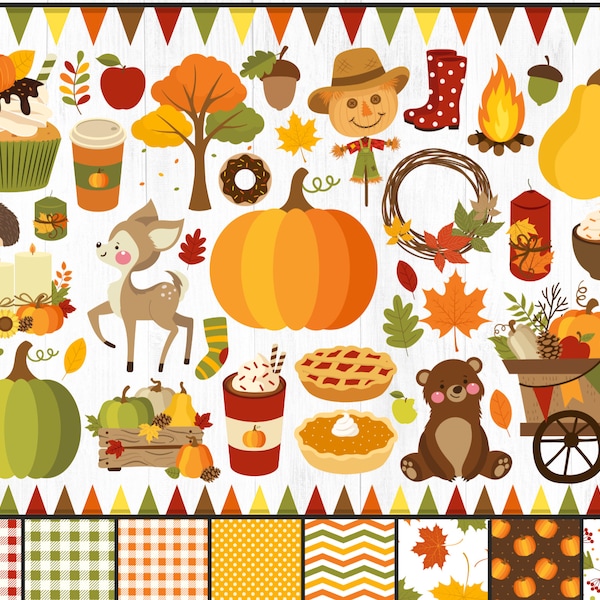 Fall Clipart, Autumn Clipart, Fall Harvest Clipart, Pumpkins, Wreaths, Leaves, Pumpkin Spice, Apples, Thanksgiving, Woodland, Patterns, PNG