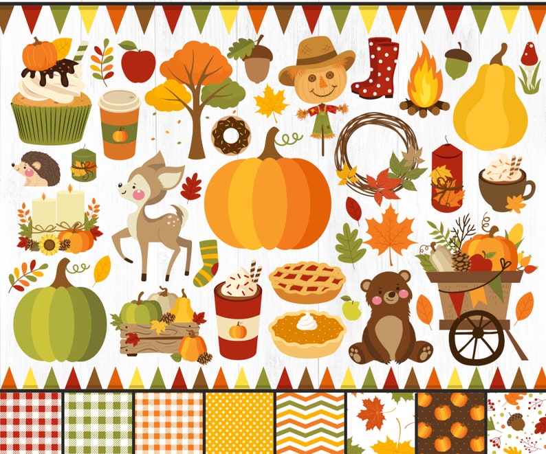 May include: A set of autumn-themed digital clipart featuring a variety of images, including pumpkins, leaves, a deer, a bear, a scarecrow, a campfire, a pie, a cupcake, a coffee cup, a wreath, and a wagon. The clipart is perfect for creating fall-themed crafts, cards, and other projects.