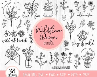 Hand Drawn Wildflower SVG Bundle, Wildflower Doodles SVG, Wildflowers Quote, Botanical Floral, Flower, Wildflower Clipart, Boho, Cricut Png