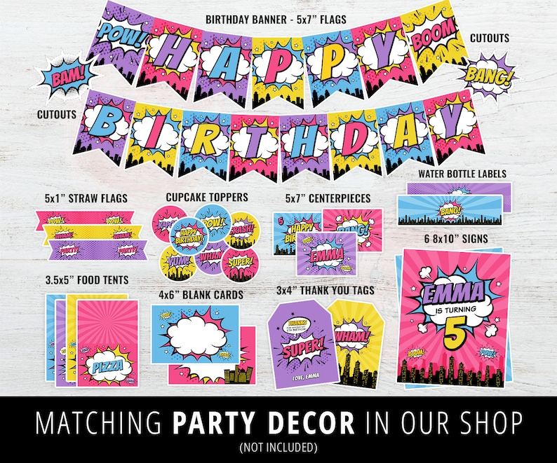 May include: A set of printable party decorations for a superhero themed birthday party. The set includes a banner, cupcake toppers, food tents, straw flags, centerpieces, thank you tags, blank cards, water bottle labels, and signs. The decorations feature a pink, yellow, and blue color scheme with a comic book style design. The text on the banner reads "Happy Birthday".