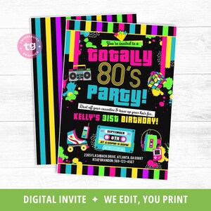 80s Birthday Invitation, 80s Party Invite, 80s Birthday Party, 80s Theme Invite, Neon, Retro 1980s Invitation, 80s Adult Invite, DIGITAL image 2