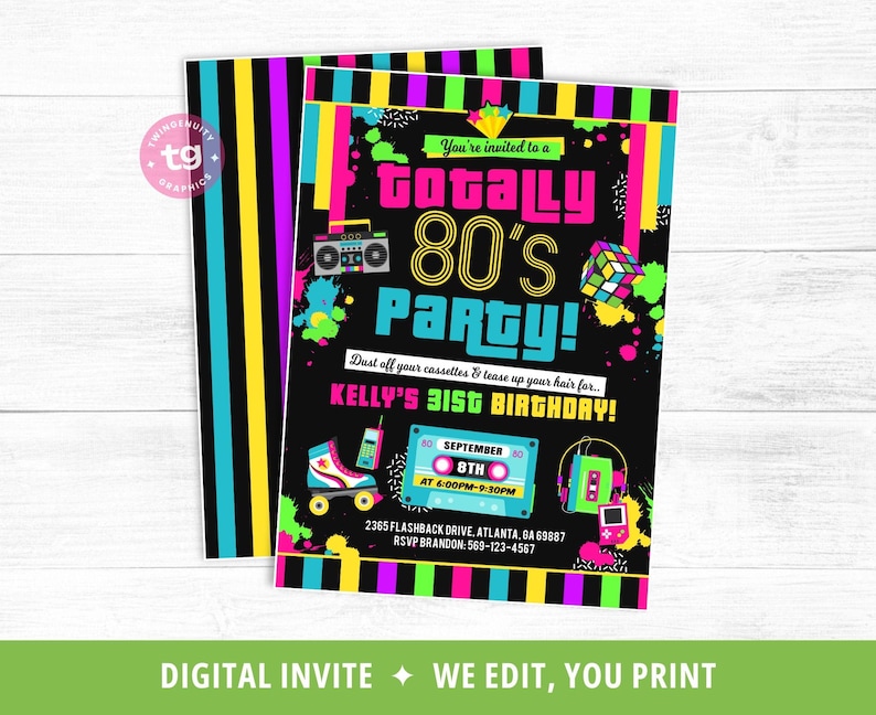 80s Birthday Invitation, 80s Party Invite, 80s Birthday Party, 80s Theme Invite, Neon, Retro 1980s Invitation, 80s Adult Invite, DIGITAL image 2