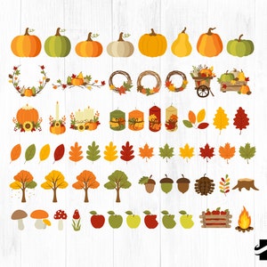 May include: A set of 50 autumn-themed clip art images, including pumpkins, leaves, acorns, candles, wreaths, and trees. The images are in a cartoon style and are perfect for fall crafts, scrapbooking, and digital design.