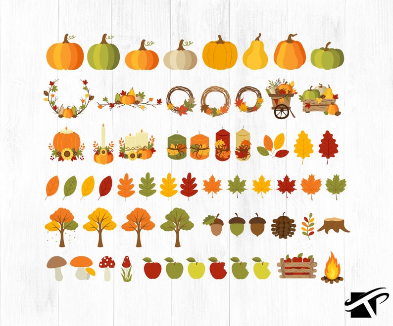 May include: A set of 50 autumn-themed clip art images, including pumpkins, leaves, acorns, candles, wreaths, and trees. The images are in a cartoon style and are perfect for fall crafts, scrapbooking, and digital design.