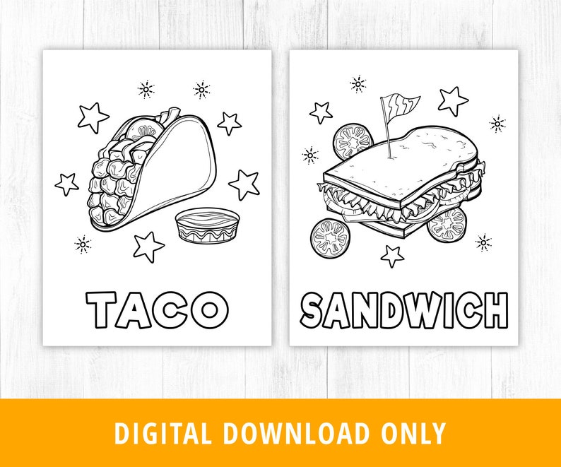 May include: Black and white colouring page featuring a taco and a sandwich. The taco is filled with meat and topped with a sauce. The sandwich is filled with lettuce, tomato, and cheese. Both images are surrounded by stars.