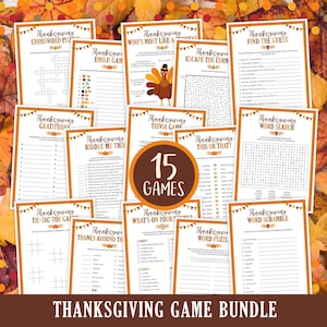 Op de afbeelding: Een set van 15 printbare Thanksgiving-spelkaarten met verschillende thema's zoals woordzoeker, quiz en tic-tac-toe. De kaarten zijn versierd met herfstkleuren en afbeeldingen van kalkoenen en pompoenen.