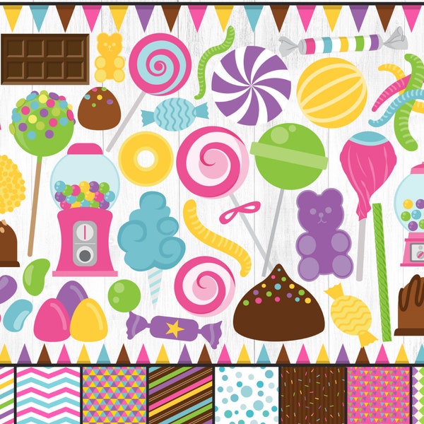 120+ Candy Clipart and Patterns, Candy Clipart, Sweets Clipart, Suckers, Lollipops, Candy Land Graphics, Gummies, Chocolate, Rainbow, PNG