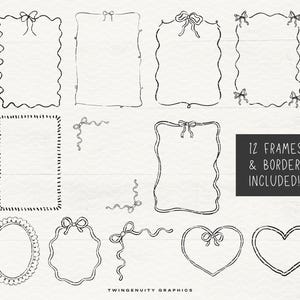 A display of the 12 hand drawn frames and borders with bows and hearts.
