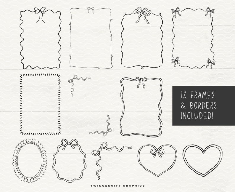 A display of the 12 hand drawn frames and borders with bows and hearts.